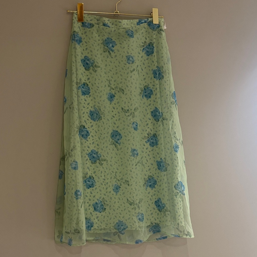 You Babes Vintage 70s 80s Floral Green and Blue Women's midi Skirt size Large